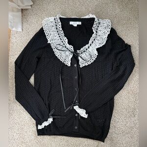 70°F/21°C Avantlook Lace Collar Pointelle Cardigan | Size L | Black | NWOT